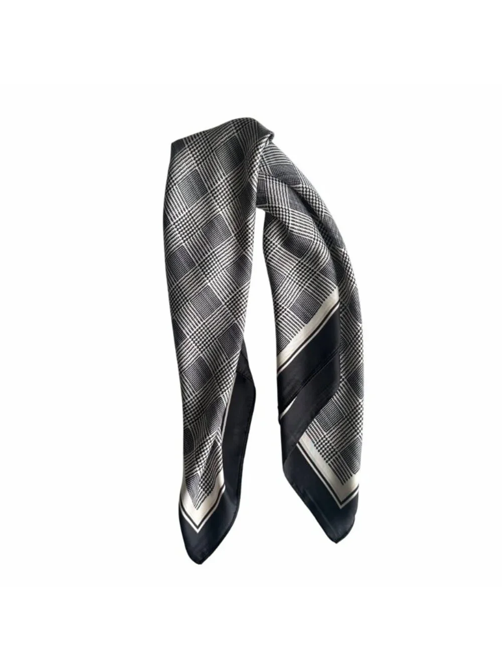 ✨Luxurious Chic Silky Square Scarf Black & White Houndstooth Plaid Print Bandana
